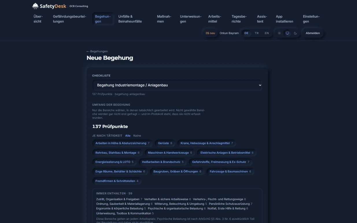 OCB SafetyDesk – Neue Begehung mit 137 Prüfpunkten